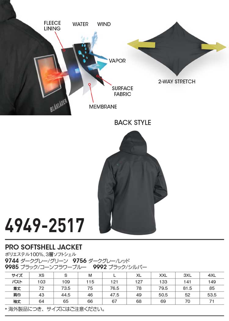 BLAKLADER ブラックラダー 防風ストレッチソフトシェルジャケット 4949-2517｜防寒着・防寒服の総合通販専門店【ミチオショップ】