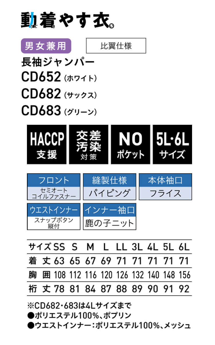 食品工場白衣 長袖ジャンパー CD652 CD682 CD683｜作業服・作業着の