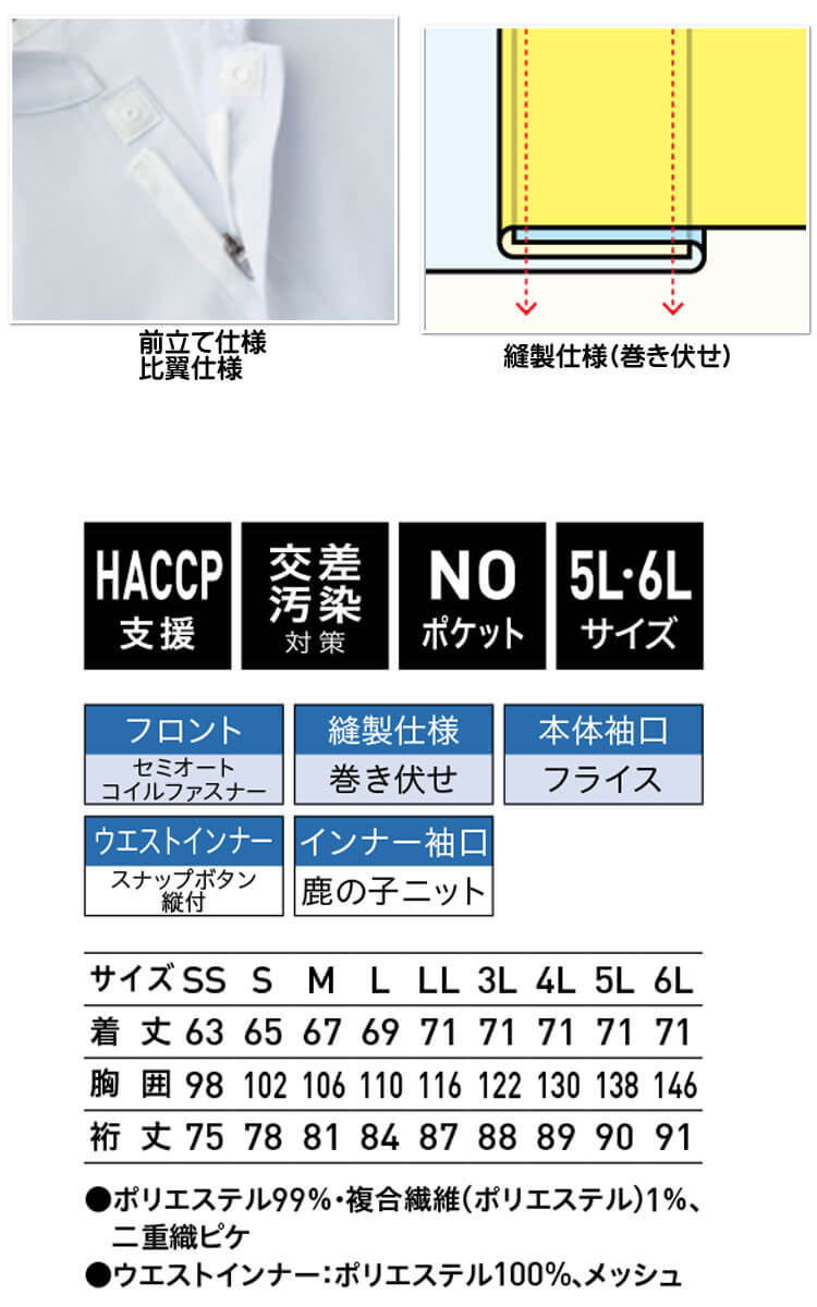 食品工場白衣 長袖ジャンパー VP-396 (VP)FJPU-1805｜作業服・作業着の