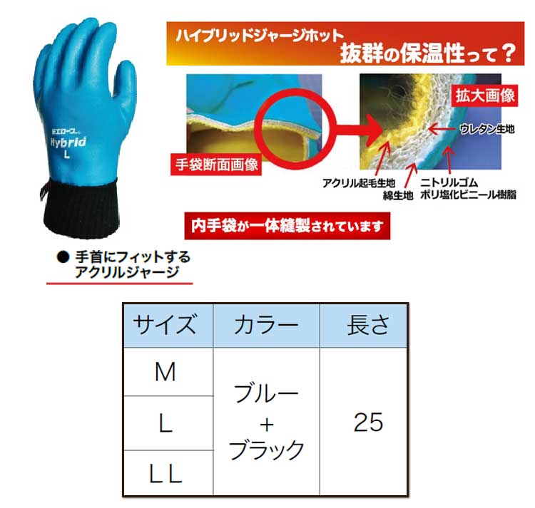 ハイブリッドジャージホット 防寒 作業手袋 5双 mie737 ミエローブ｜作業服・作業着の総合通販専門店【ミチオショップ】